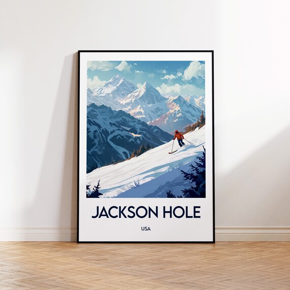 Jackson Hole USA Vintage Travel Poster Skier Snowy Mountain Peaks