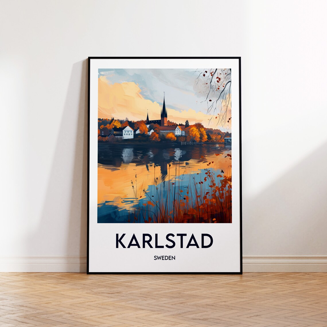 Karlstad Sweden Lake Sunset Church Spires Autumn Reflection Poster
