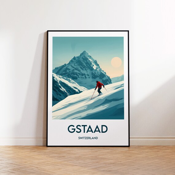Gstaad Switzerland Ski Travel Poster with Skier and Alpine Mountain