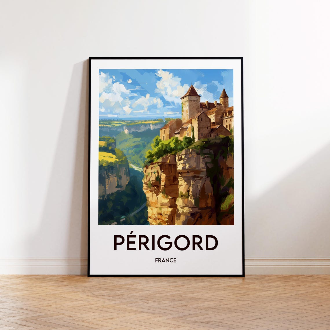 Perigord France Vintage Travel Poster of a Castle on Limestone Cliffs