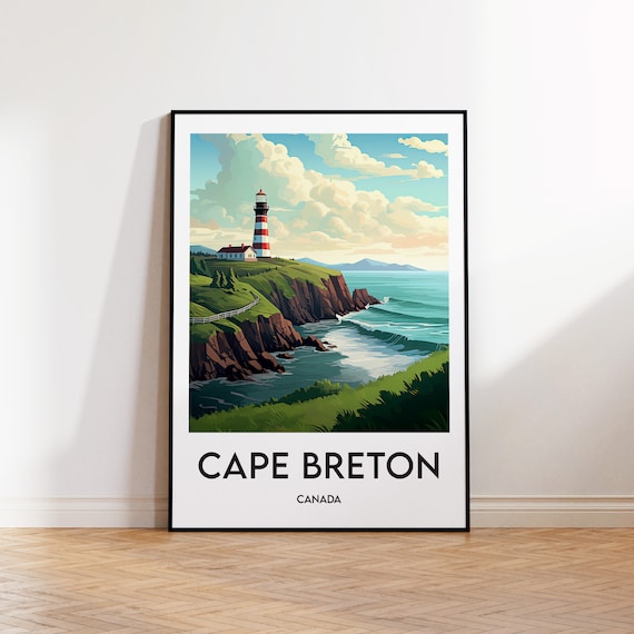 Cape Breton Canada Striped Lighthouse Cliff Coastal Travel Poster
