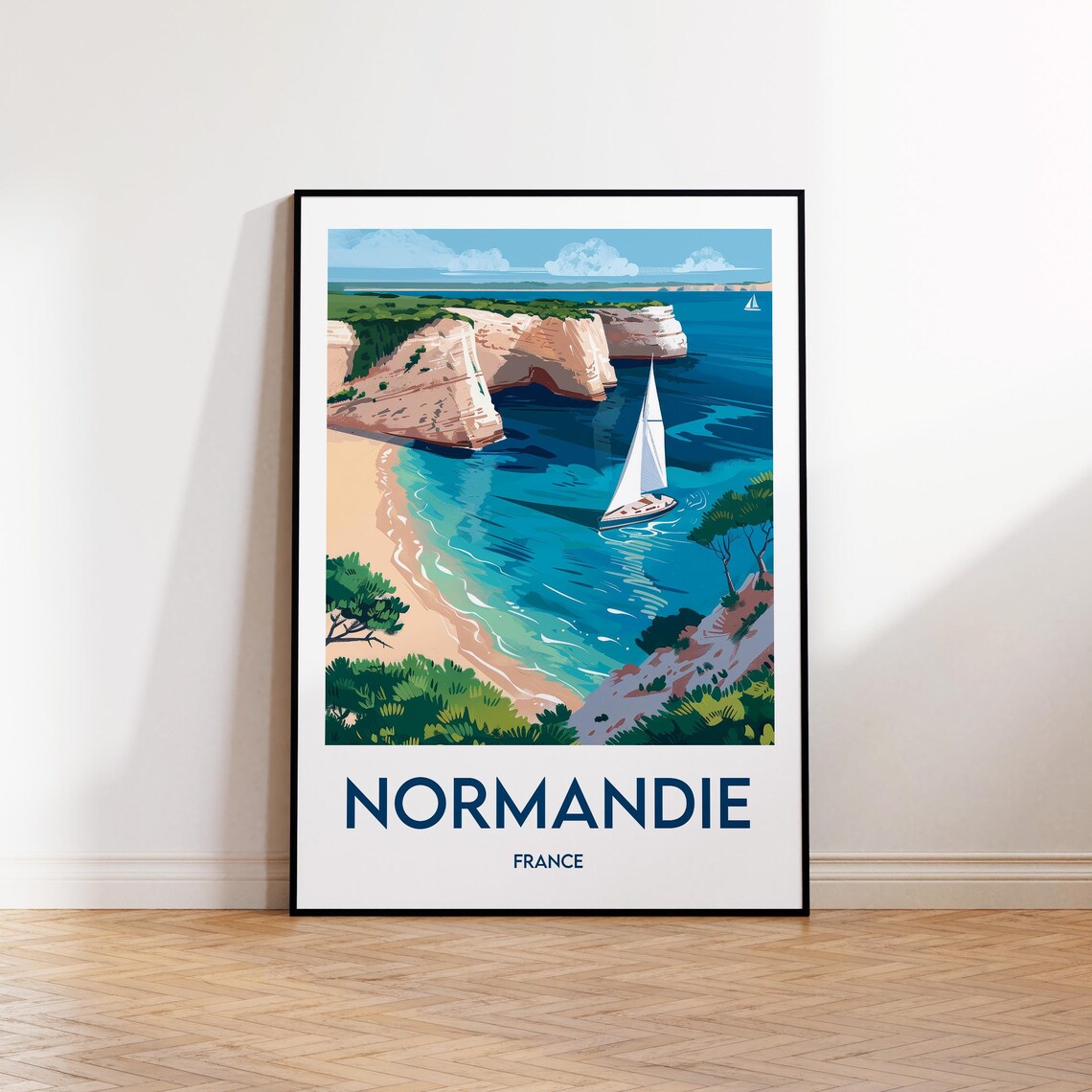 Normandie France Coastal Cliffs Sailboat Vintage Travel Poster
