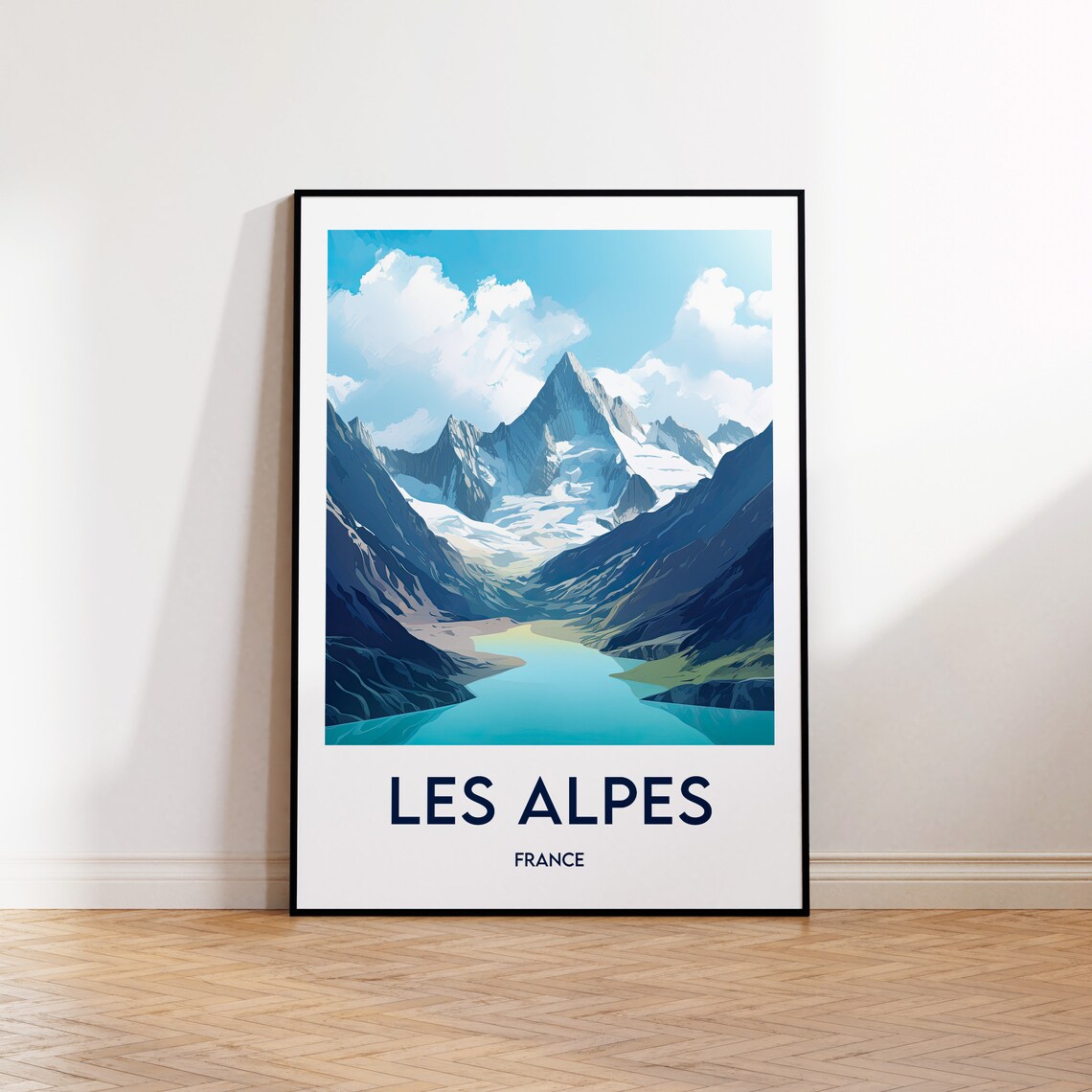 Les Alpes France Snowy Peaks Glacial Lake Vintage Travel Poster