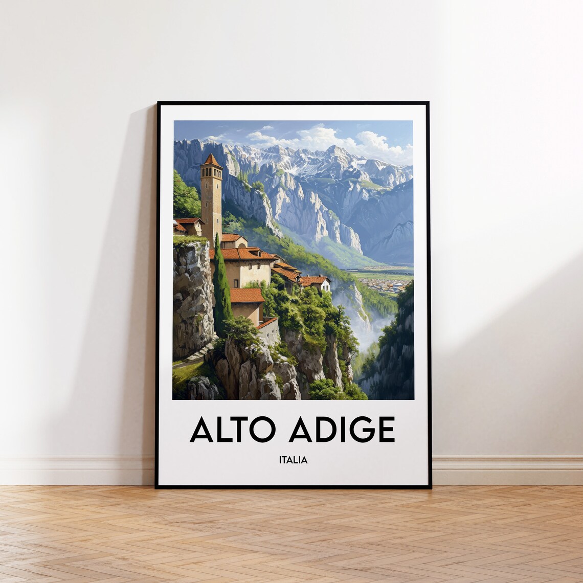 Alto Adige Italia Vintage Cliffside Village Mountain Travel Poster