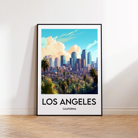 Los Angeles Skyline Palm Trees Colorful California Travel Poster