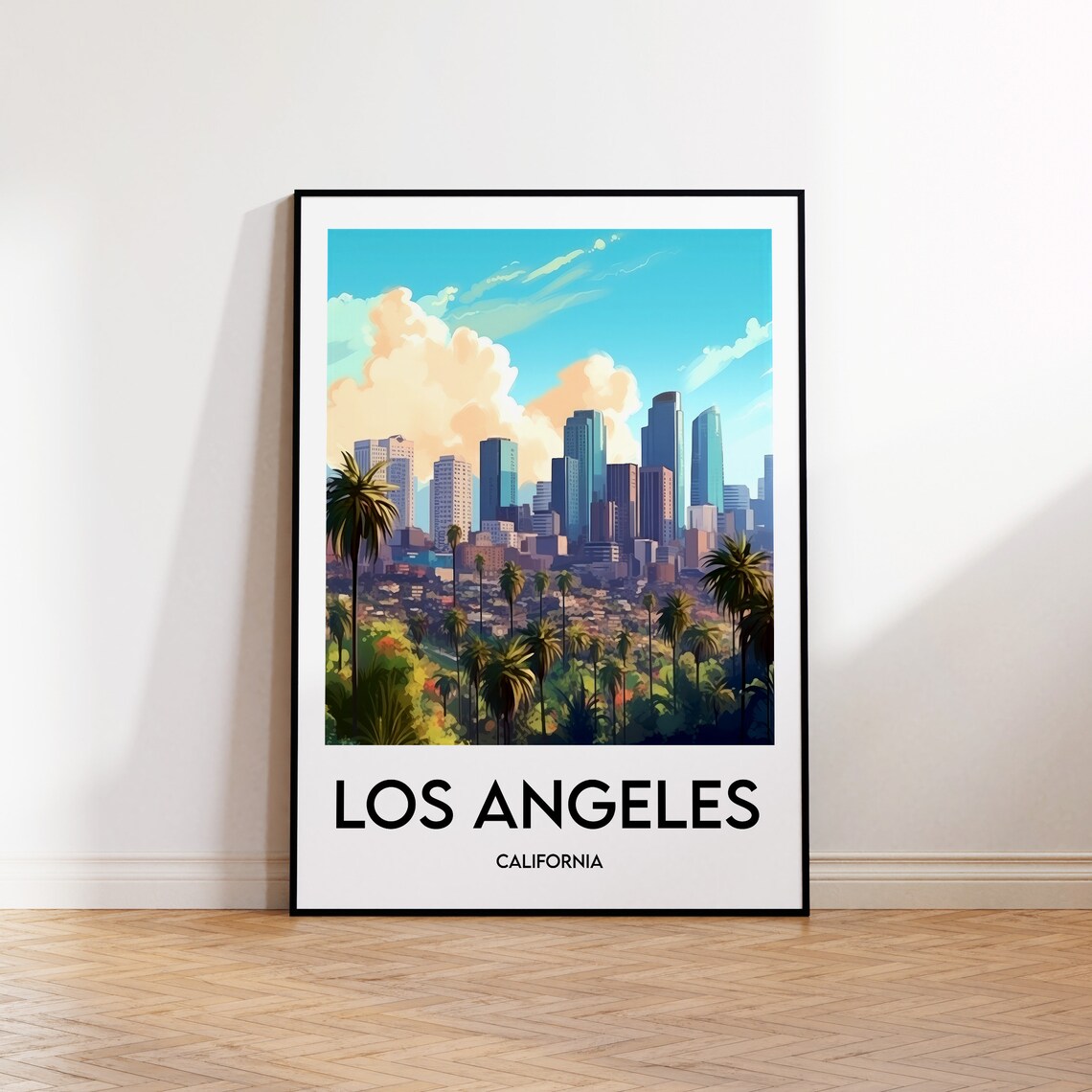 Los Angeles Skyline Palm Trees Colorful California Travel Poster