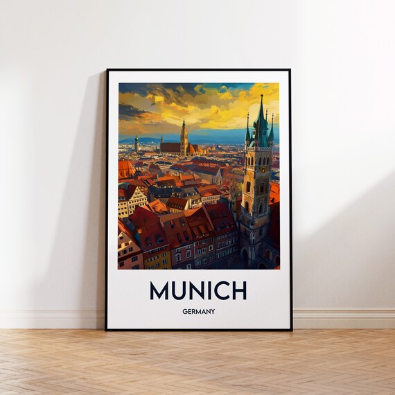 Munich Germany Golden Sunset Bavarian Old Town Skyline Travel Poster