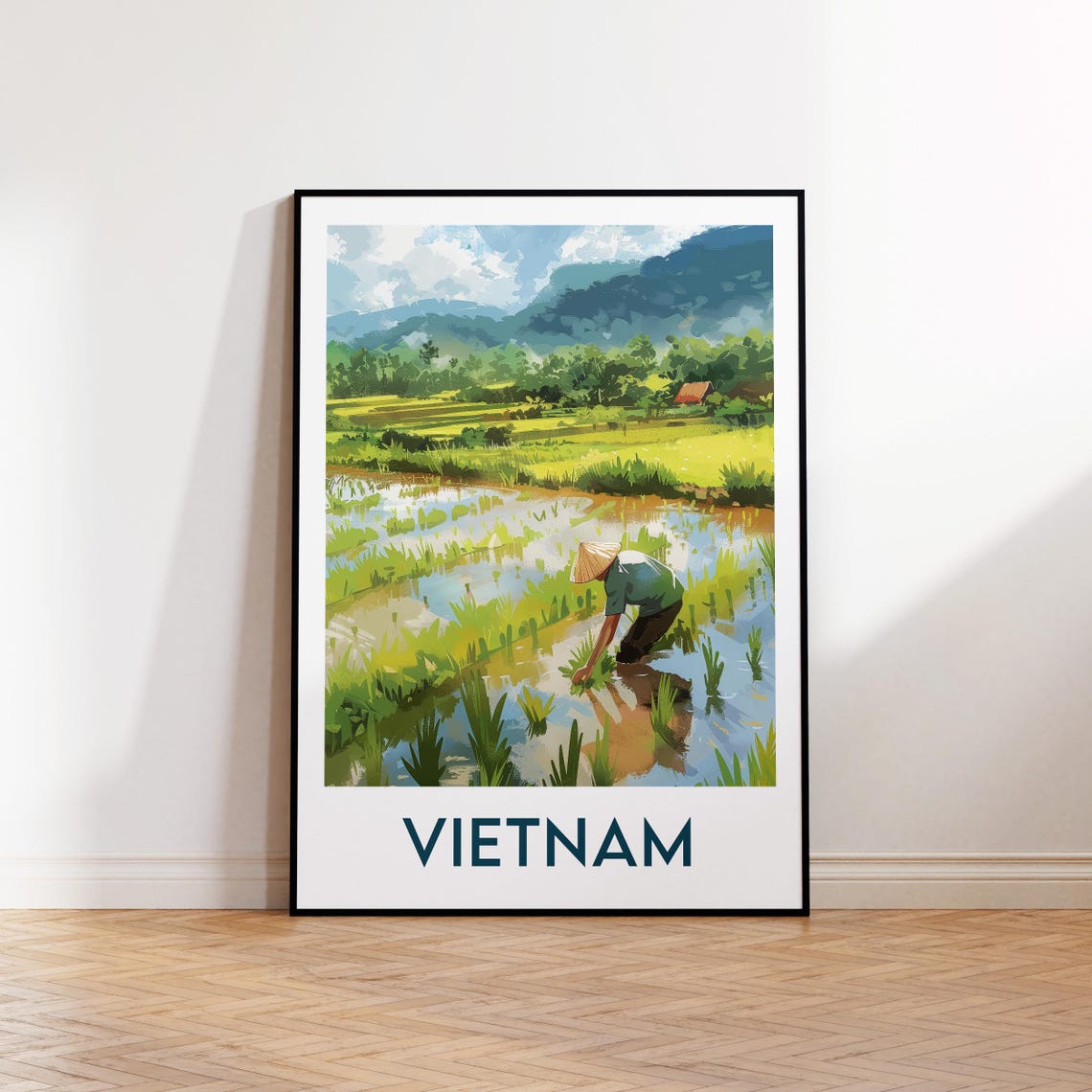 Vietnam Rice Paddy Farmer With Conical Hat Countryside Travel Poster