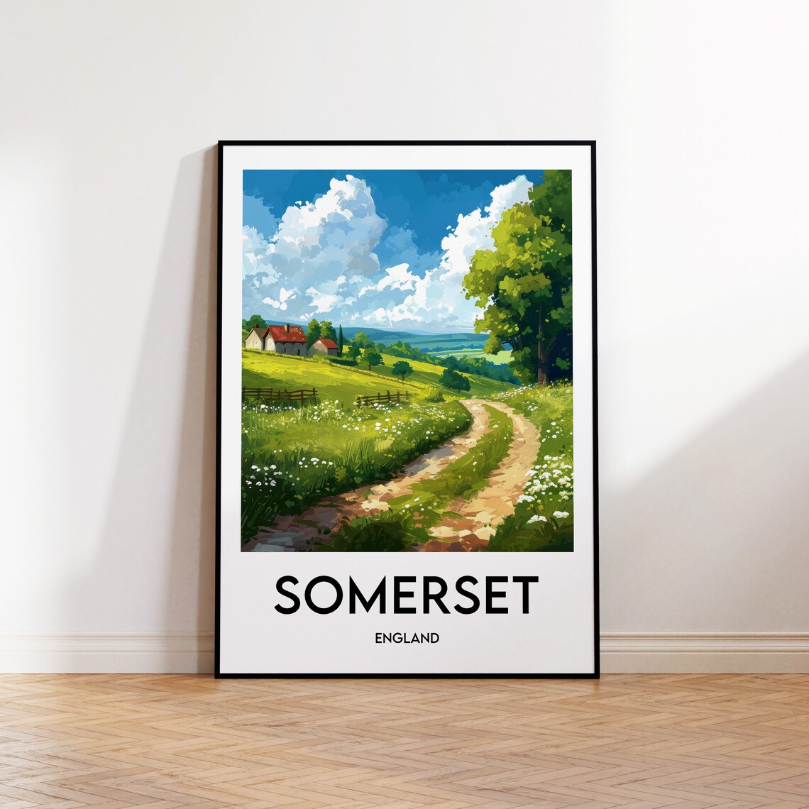 Somerset England Country Lane Cottages Vintage Travel Poster