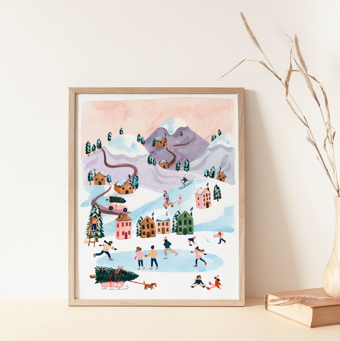 Winter Village Art Print, Snowy Mountains Landscape - Image 2