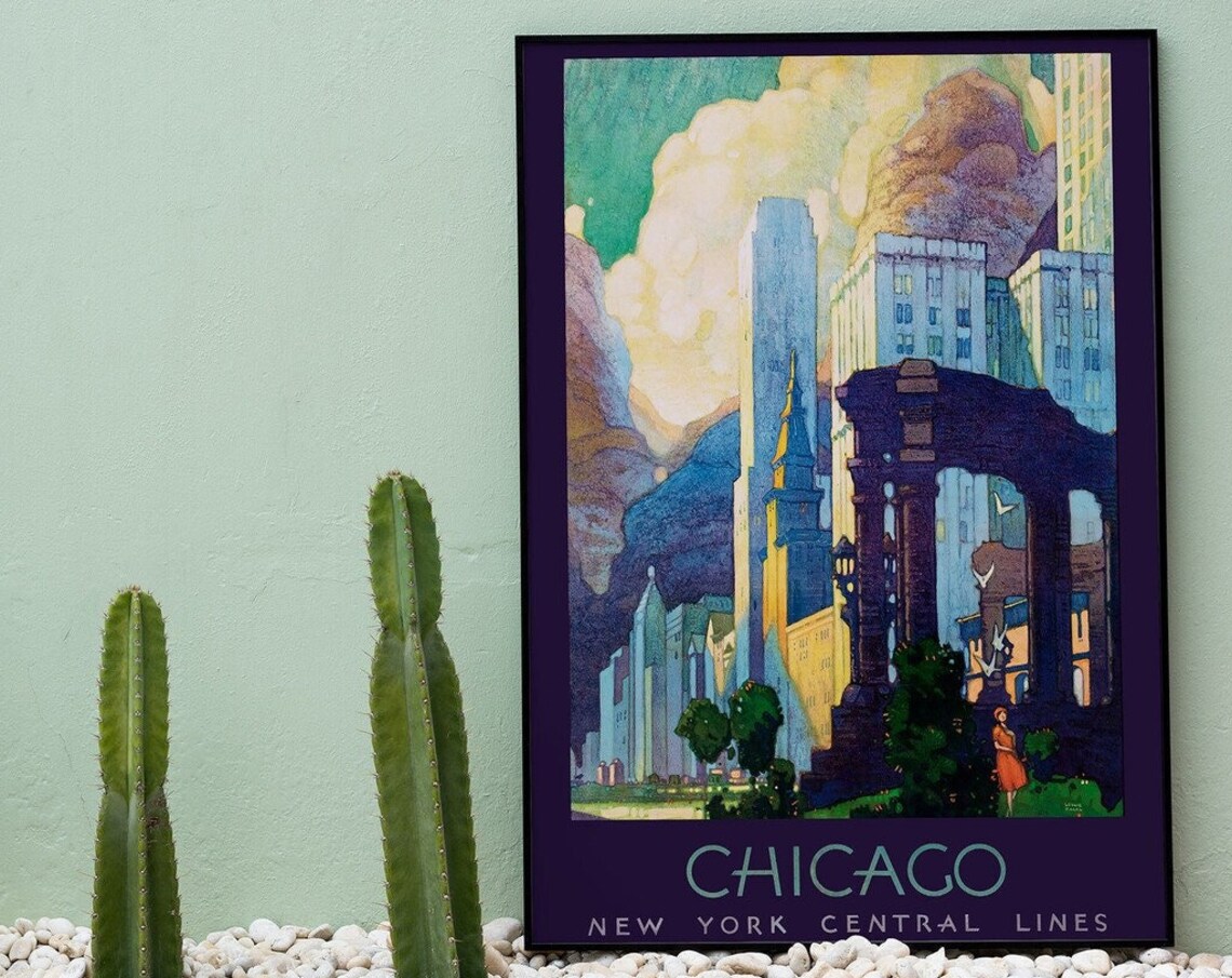 Chicago New York Central Lines Vintage Art Deco City Travel Poster - Image 2