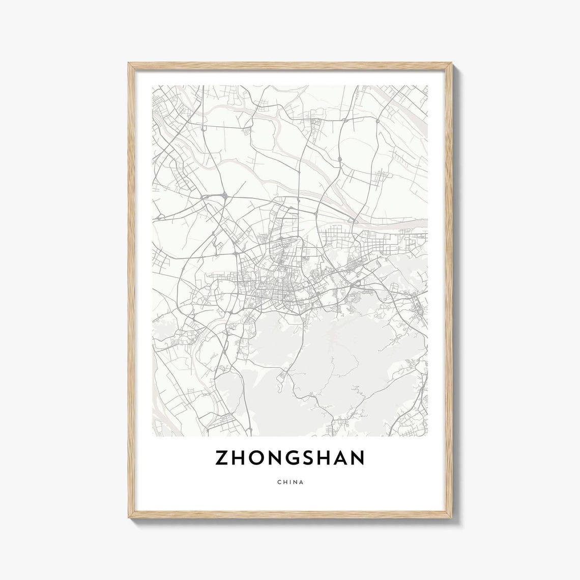 Elegant Minimalist Zhongshan China City Map Poster in Light Gray