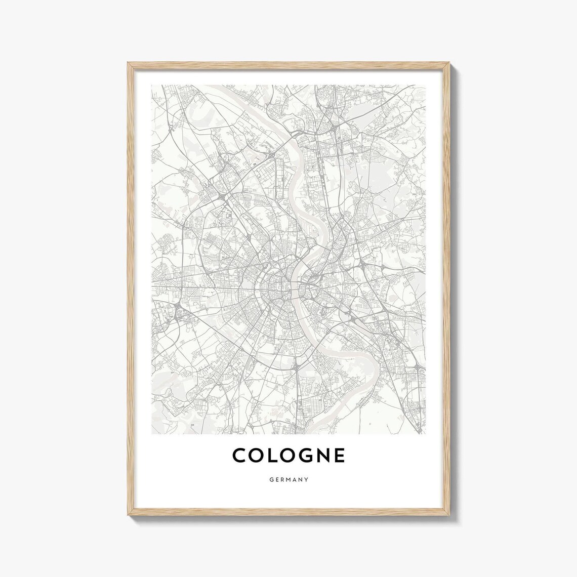 Cologne Germany Map Poster, Light Cream Framed Minimal City Street Map Decor