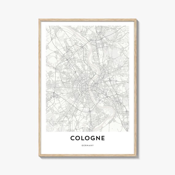 Cologne Germany Map Poster, Light Cream Framed Minimal City Street Map Decor