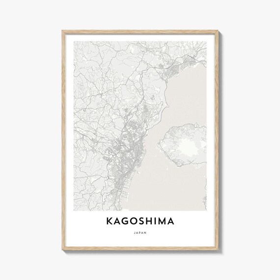 Kagoshima Japan Bay Coastline Minimalist Map Light Grey Travel Poster