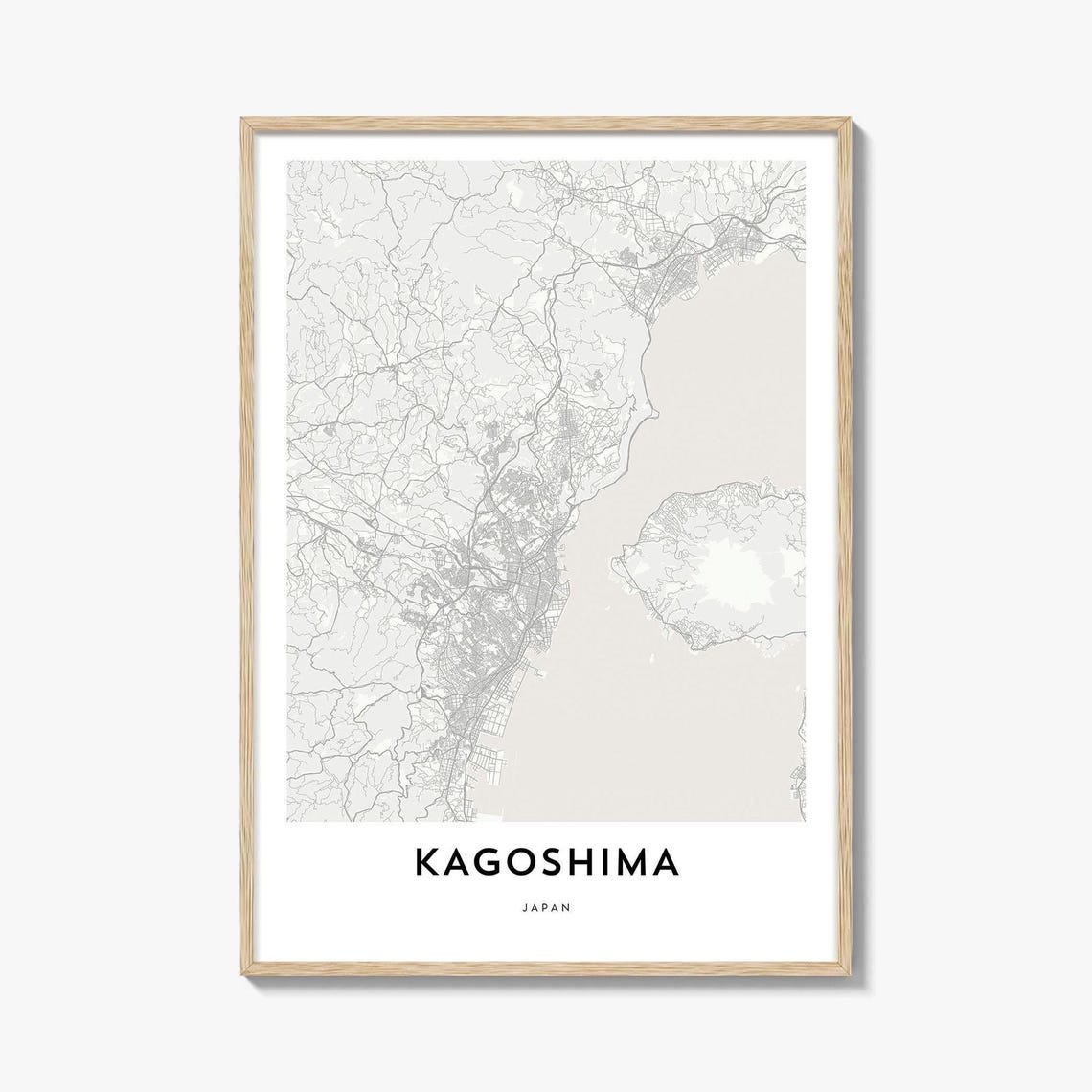 Kagoshima Japan Bay Coastline Minimalist Map Light Grey Travel Poster