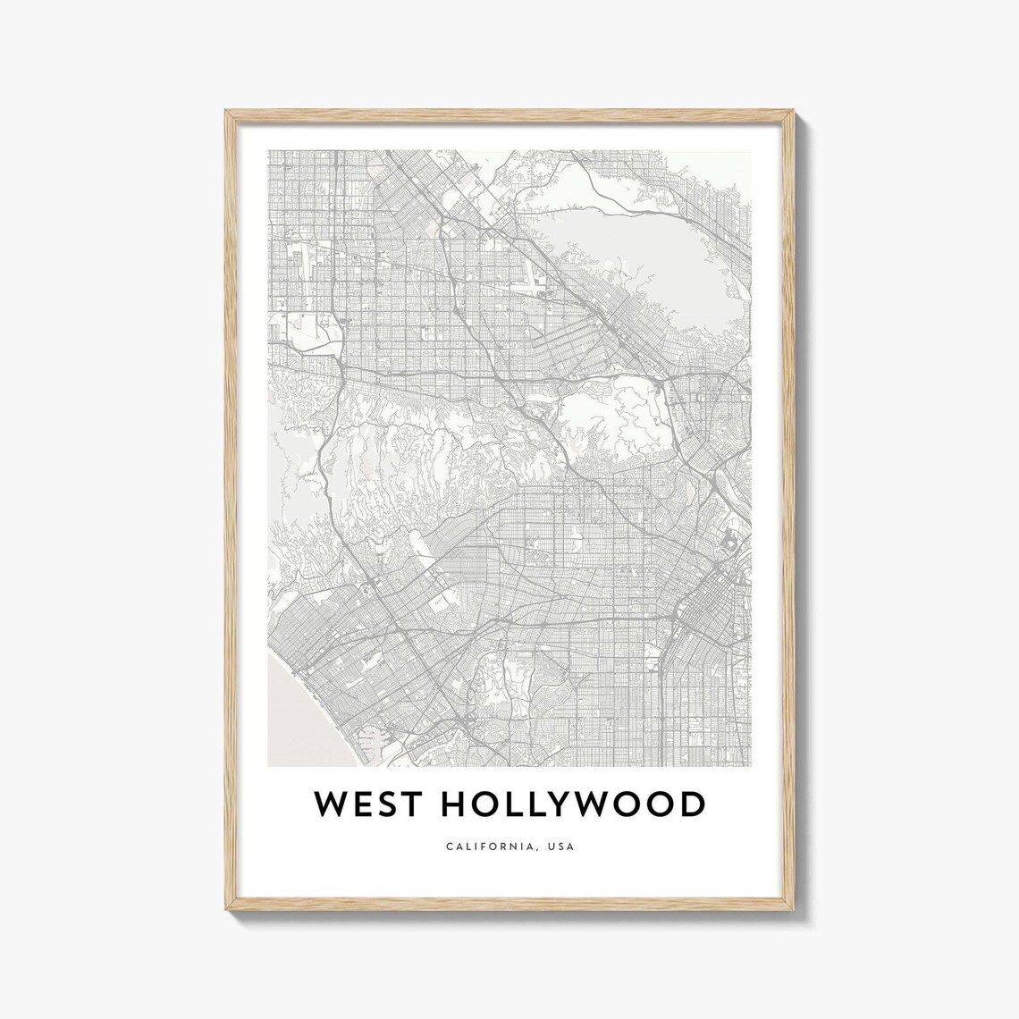 West Hollywood California Minimalist City Street Map Art Poster