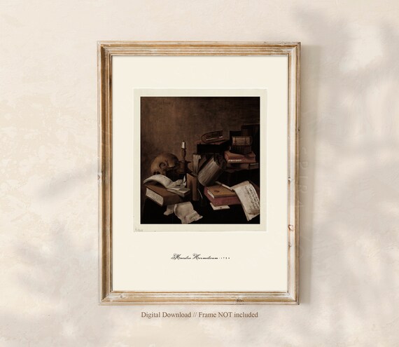 Antique Vanitas Still Life with Skull Books and Candle Poster