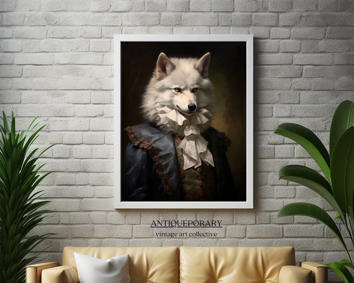 White Wolf in Ruffed Cravat and Dark Coat Vintage Portrait Poster - Image 4