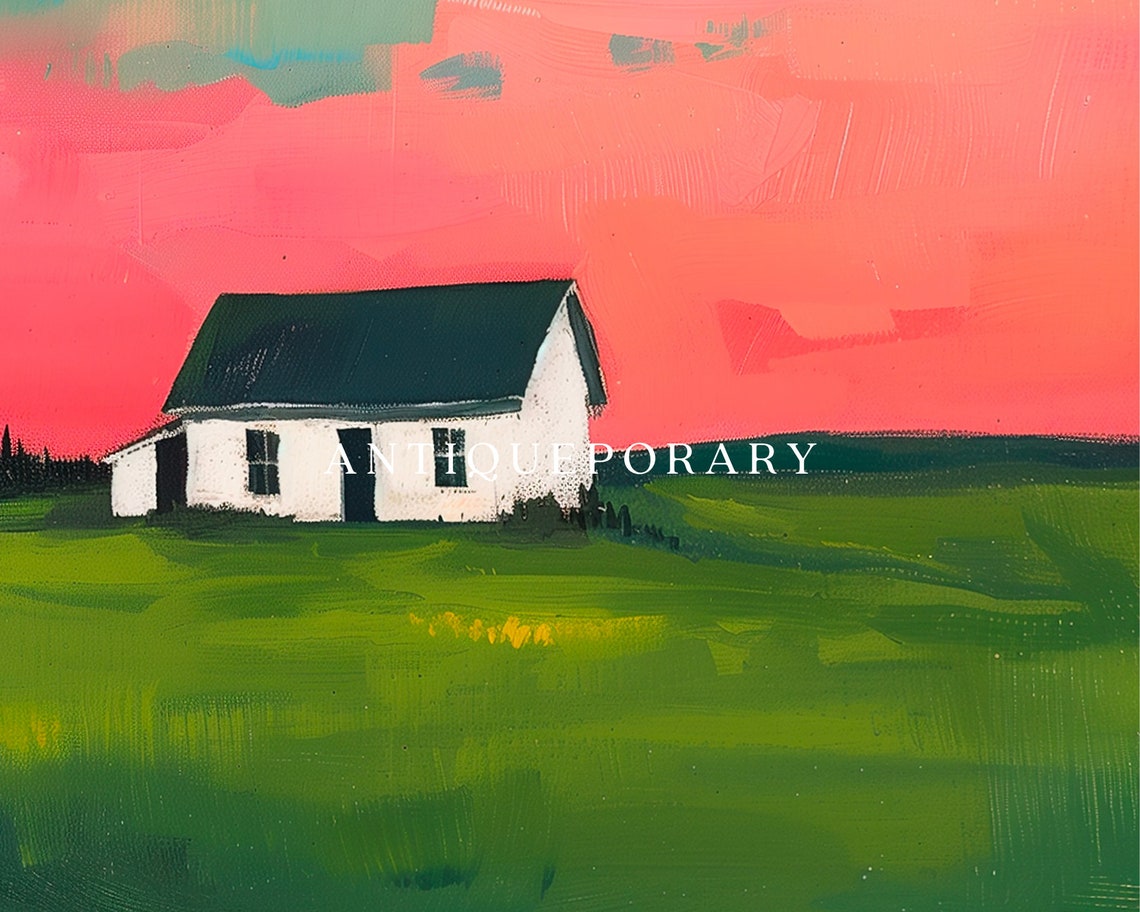 Little Farmhouse Under Pink Sunset Modern Abstract Landscape Poster - Image 2