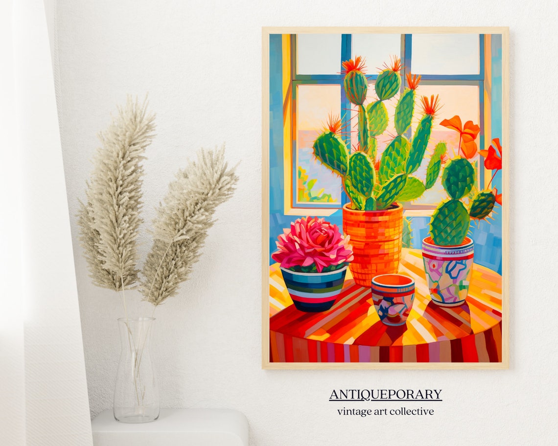 Colorful Potted Cacti by Sunlit Window Still Life Painting Poster - Image 5