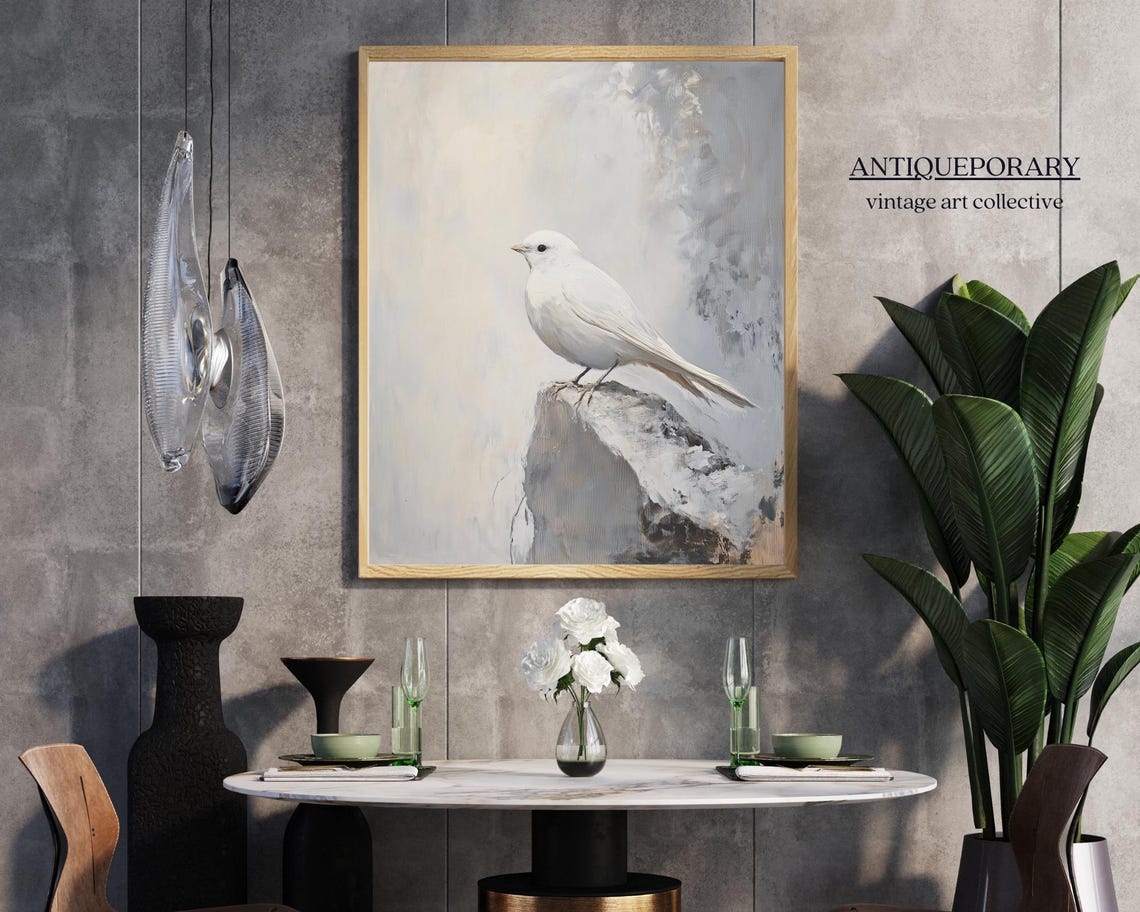 White Bird on Rock Muted Minimalist Vintage Bird Painting Poster - Image 7