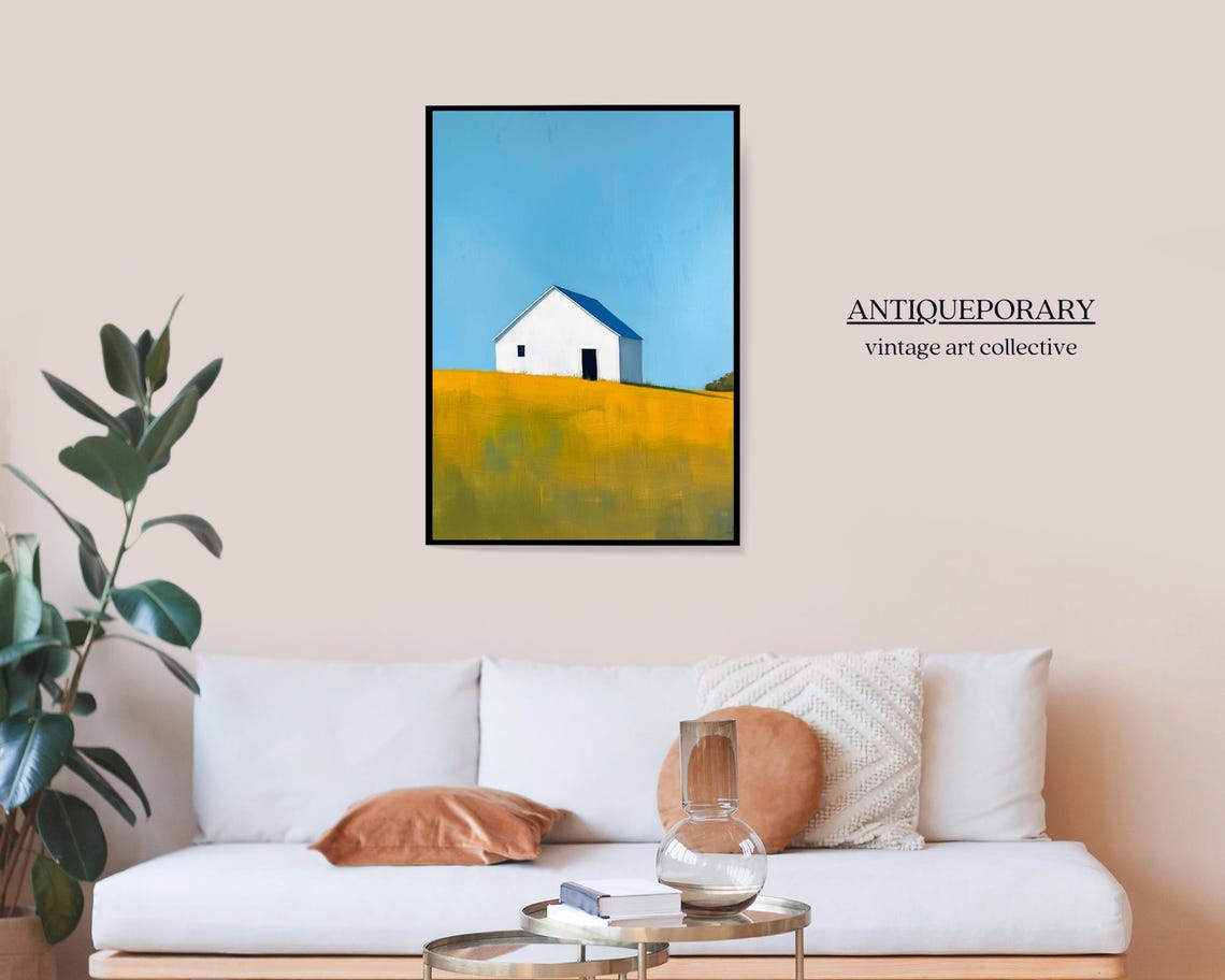 White Barn Golden Yellow Field Bright Blue Sky Modern Landscape Poster - Image 3