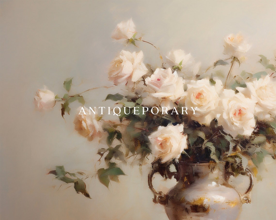 Neutral Flowers Vase Still Life Oil Painting Vintage Still Life Wall Art Antique Flowers Oil Painting Floral Botanical Print - Image 3