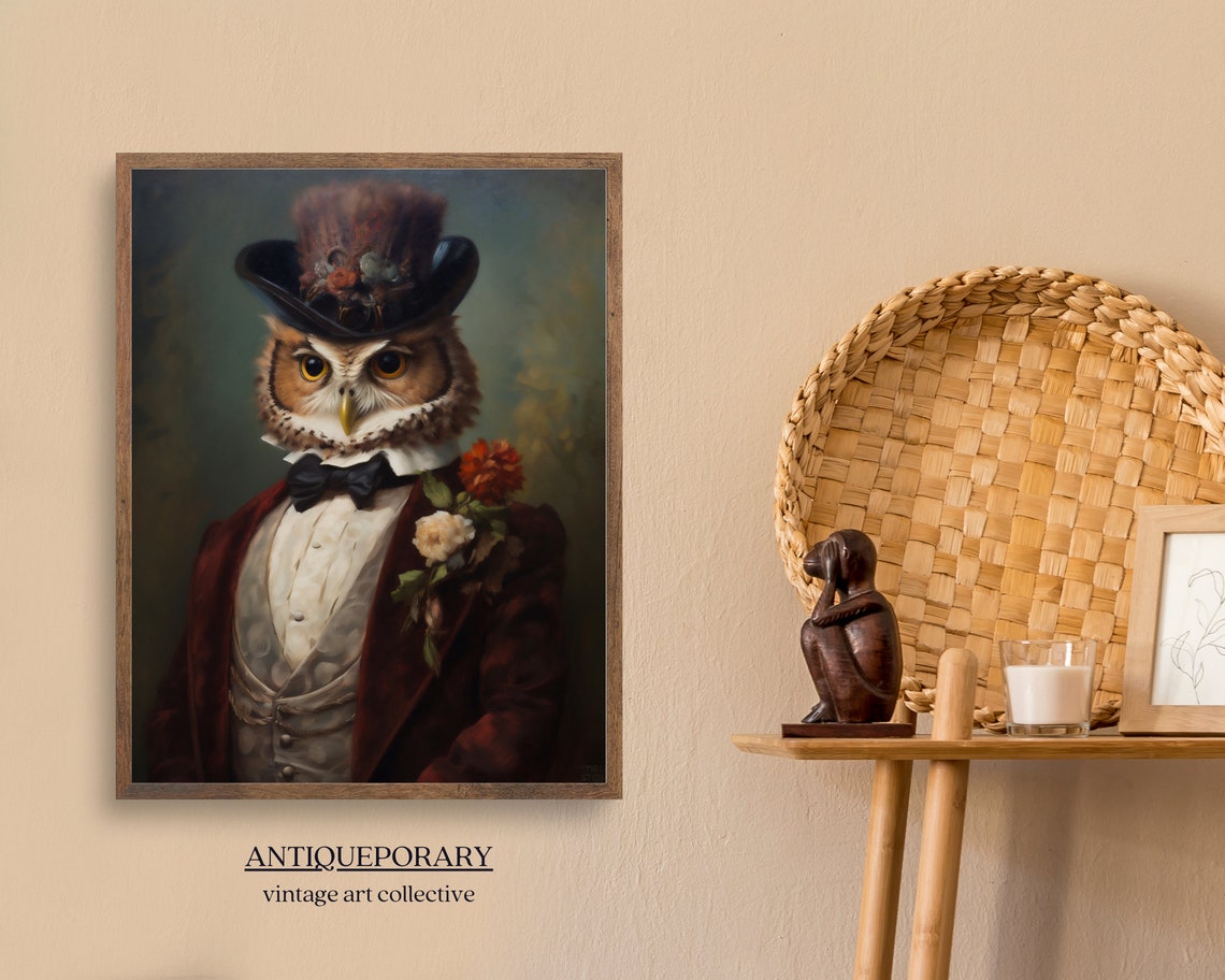Owl Gentleman in Feathered Top Hat Bow Tie and Red Coat Poster - Image 4