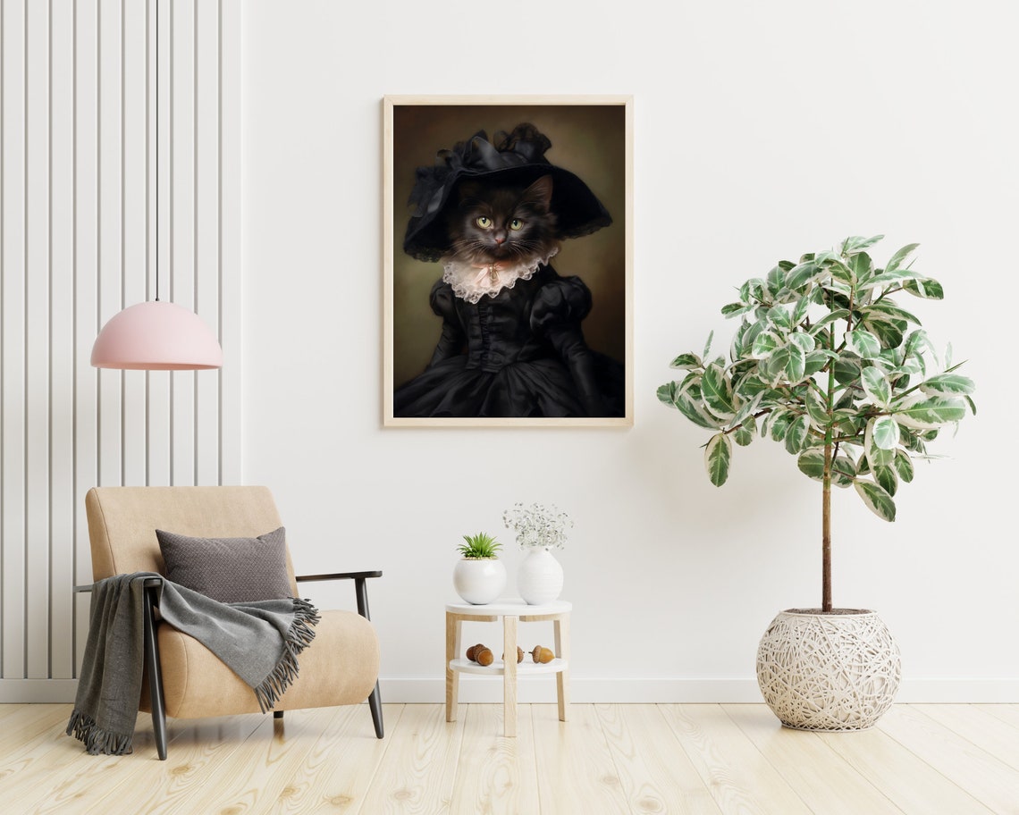 Elegant Black Cat Lady Victorian Dress Wide Hat Oil Portrait Poster - Image 2