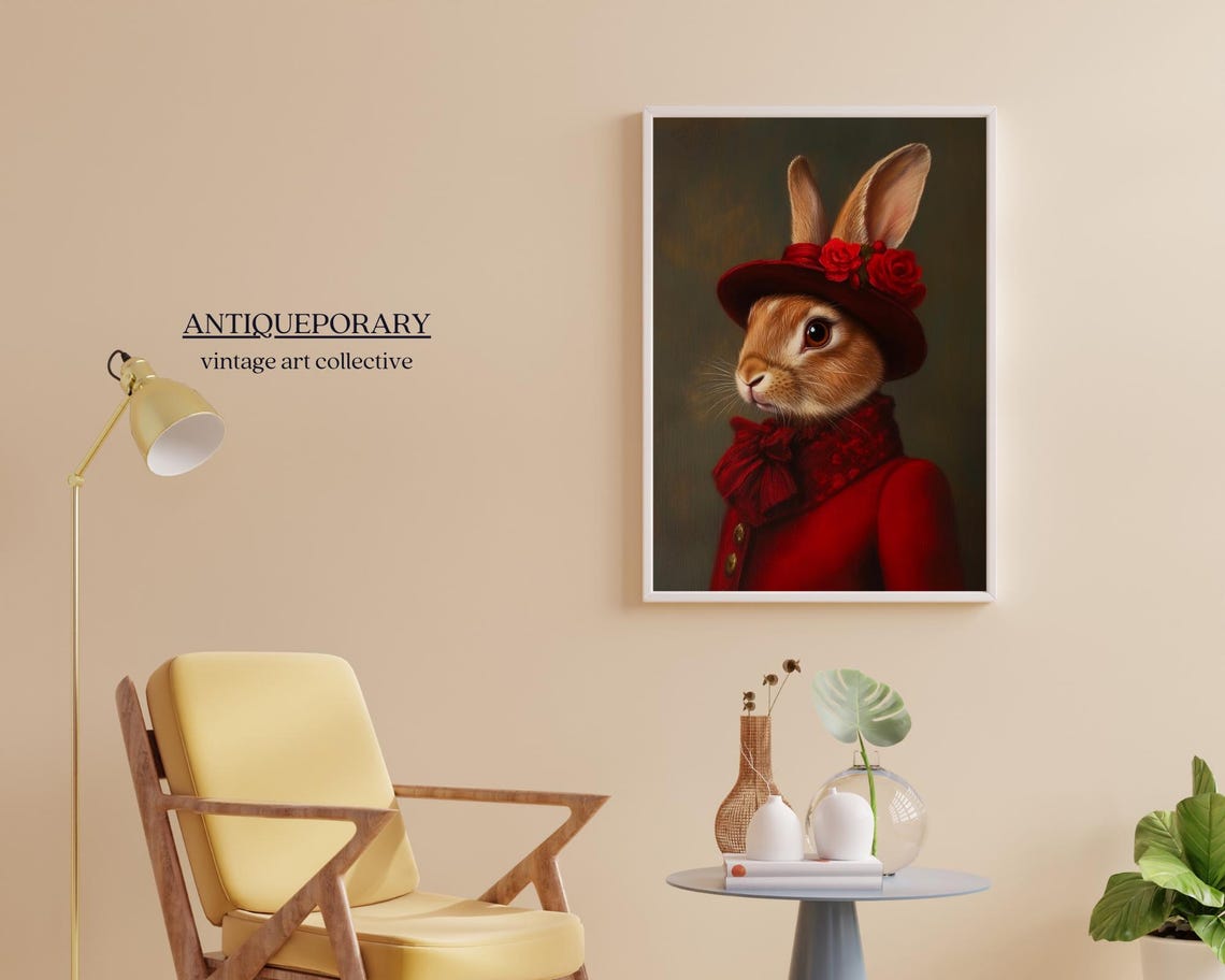 Red Dress Rabbit Lady Portrait Rose Hat Victorian Style Poster - Image 6