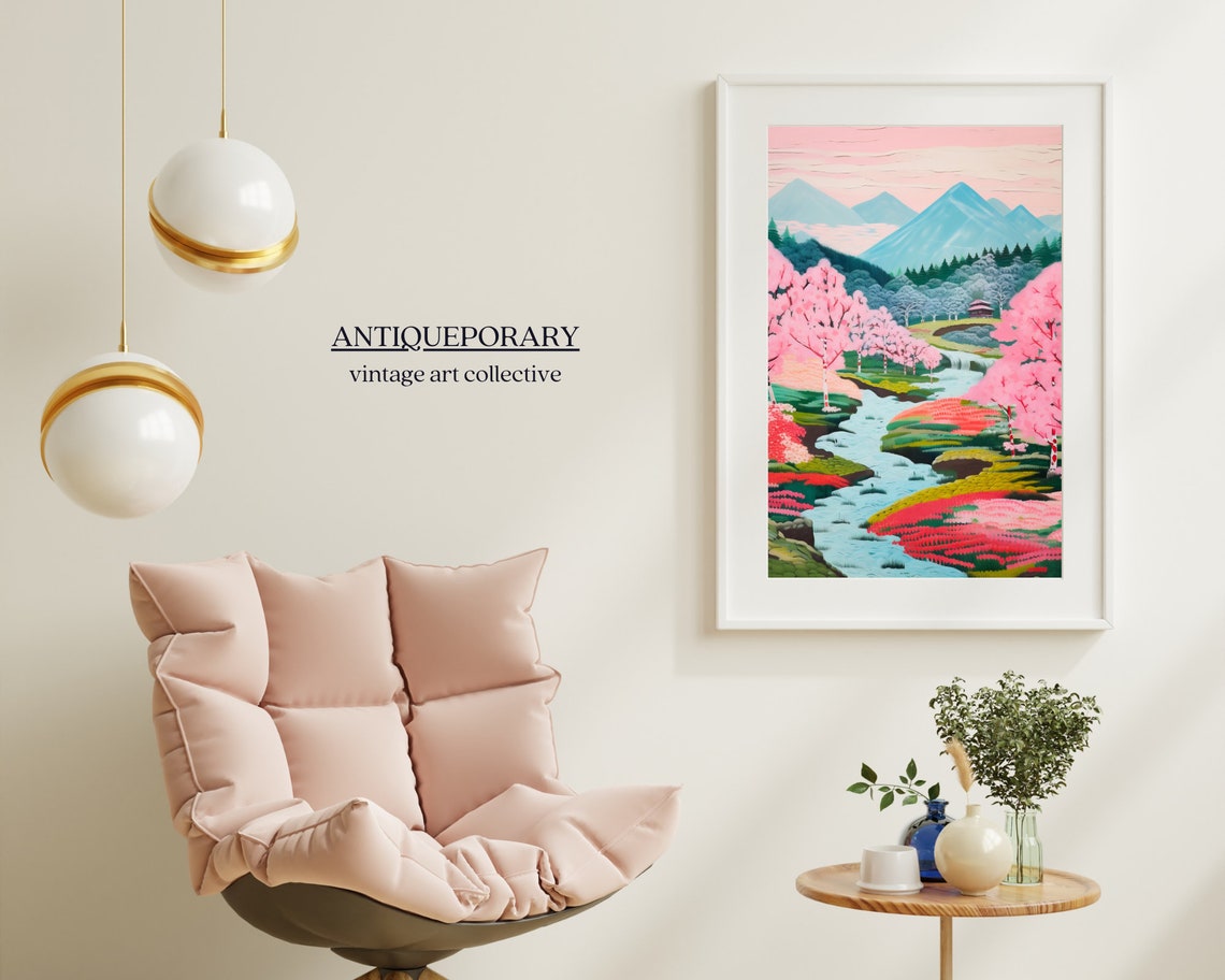 Pastel Cherry Blossom Valley River with Blue Mountains Poster - Image 6