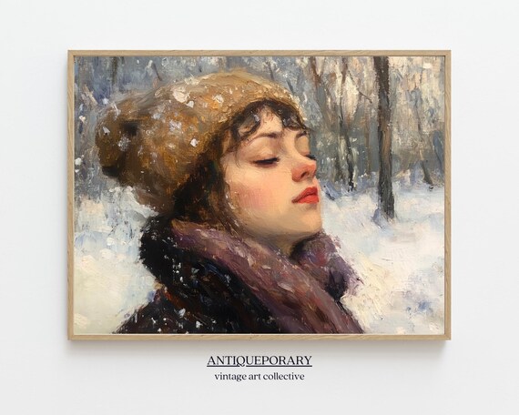 Vintage Winter Wall Art Print Rustic Woman Portrait Moody Country Christmas Decor Painting Christmas Gift