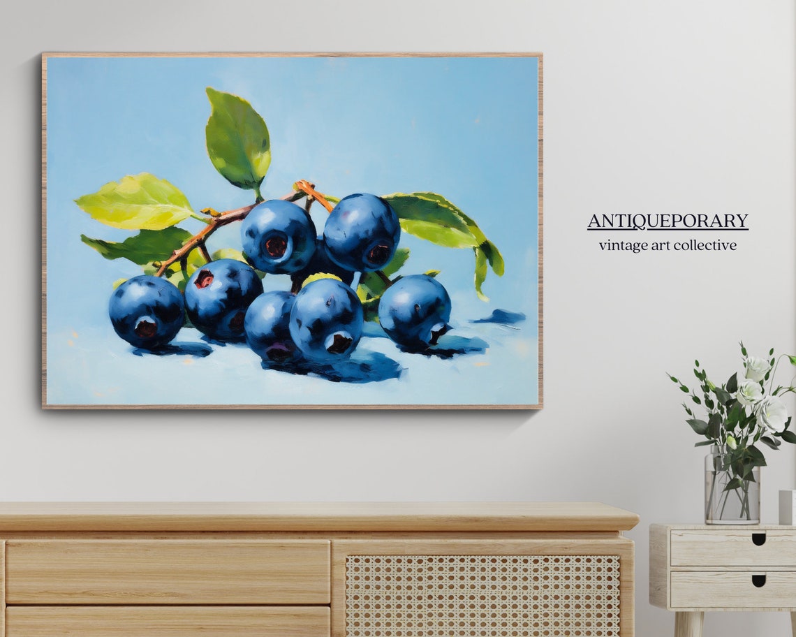 Blueberry Branch Still Life Bright Blue Painterly Fruit Art Poster - Image 5