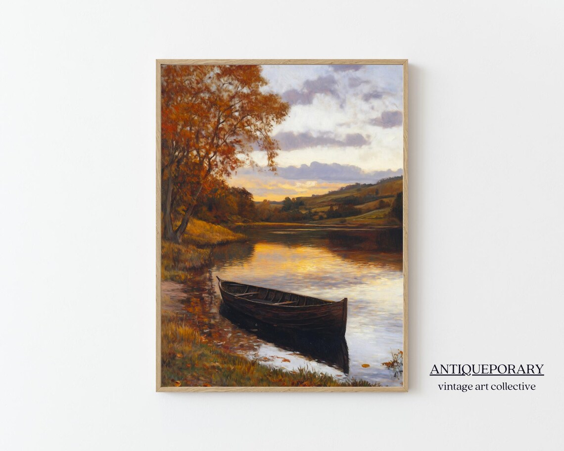 Autumn River Sunset Wooden Rowboat Vintage Landscape Art Poster