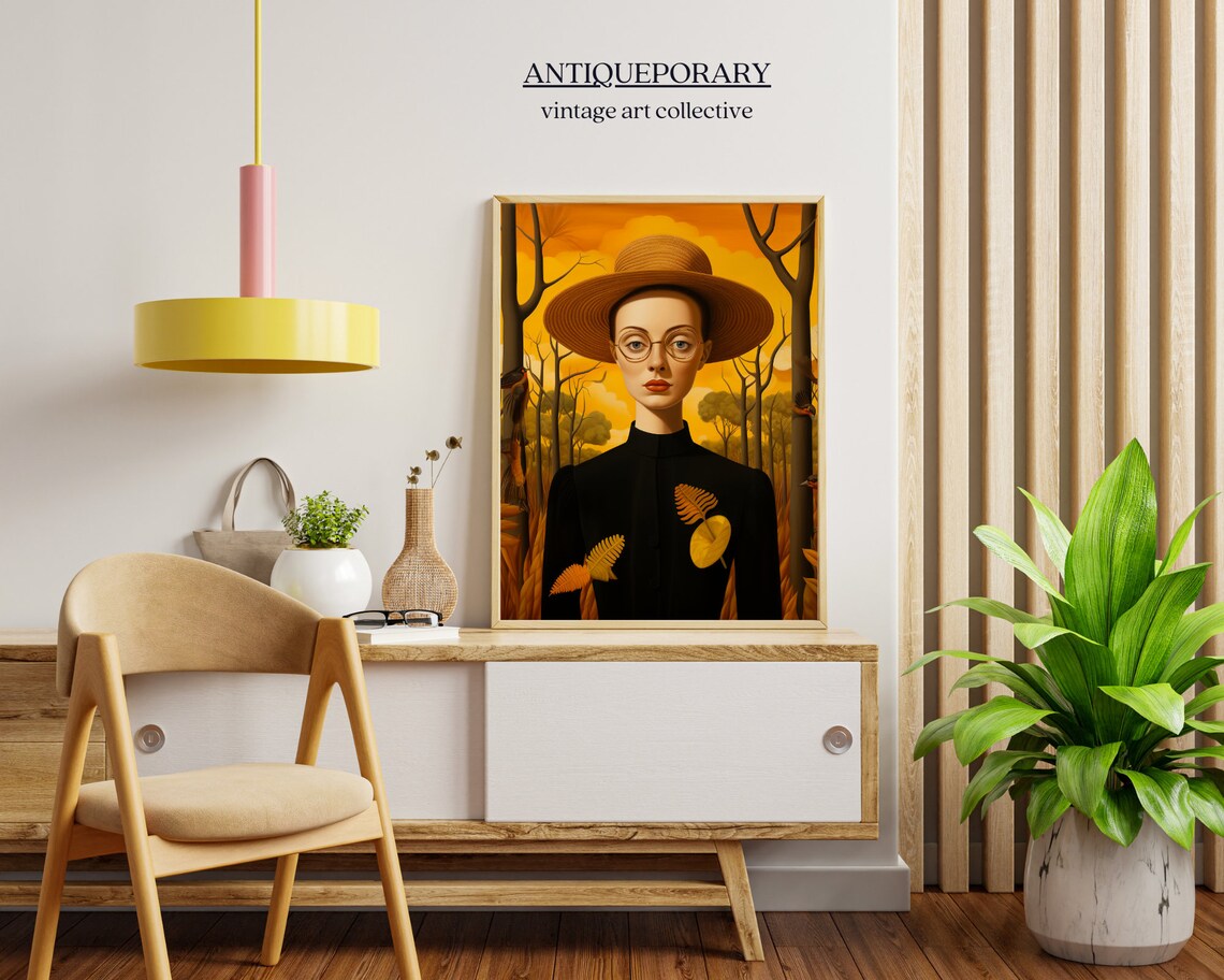 Young Woman in Straw Hat Autumn Forest Vintage Portrait Wall Art - Image 4