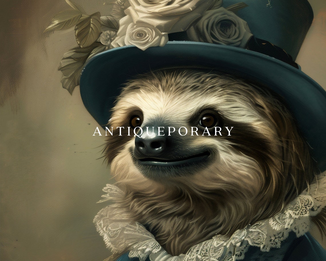 Royal Sloth Blue Top Hat White Roses Victorian Portrait Poster - Image 3
