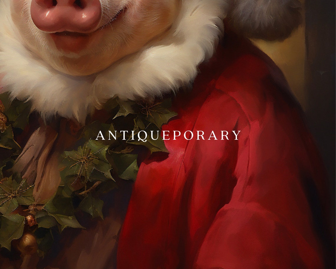 Smiling Pig Dressed as Santa with Holly Christmas Portrait Poster - Image 2