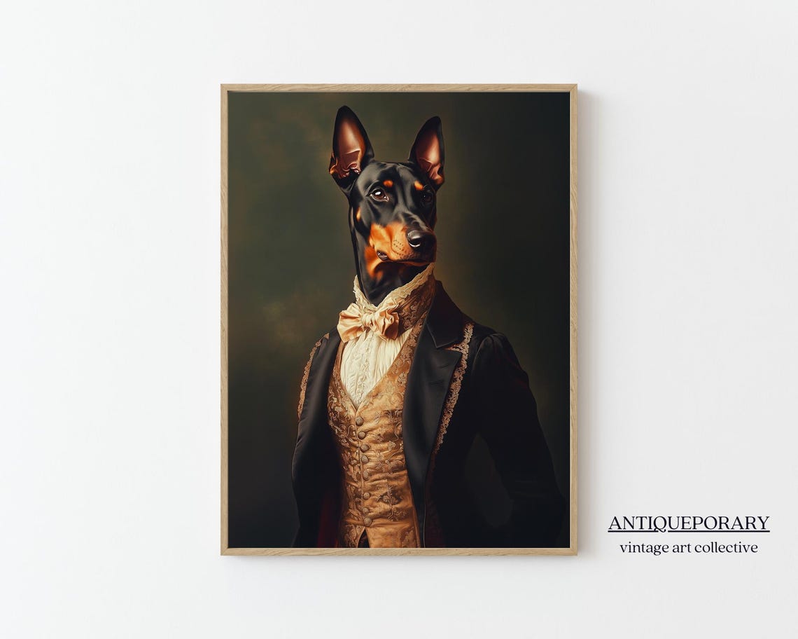 Elegant Doberman in Tailcoat and Gold Vest Victorian Portrait Print