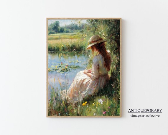 Woman Reading Book by Lily Pond Vintage Impressionist Poster