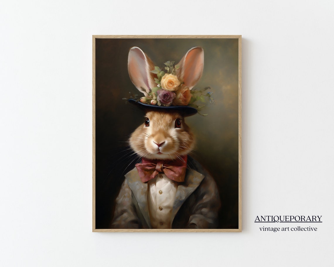 Gentleman Rabbit Floral Top Hat Bow Tie Vintage Animal Portrait Poster
