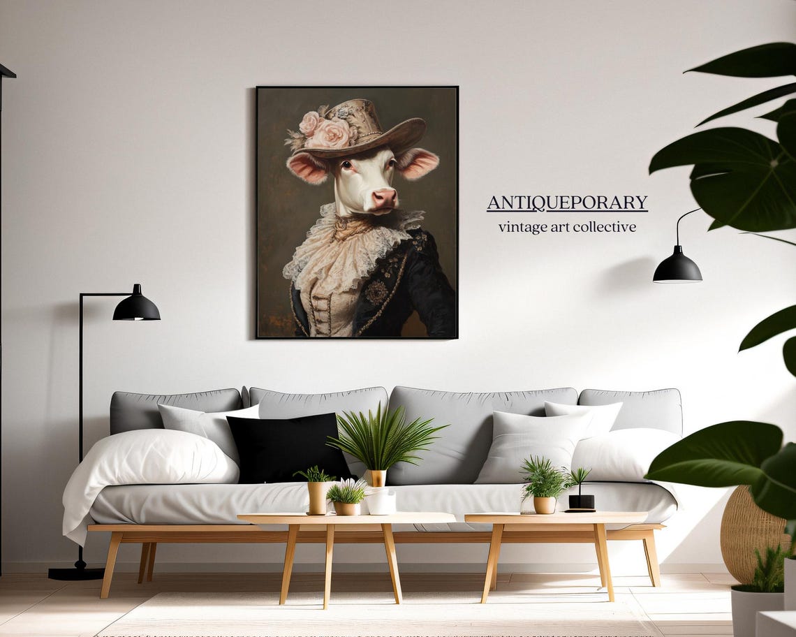 Royal Lady Cow Rose Hat Lace Vintage Elegant Animal Portrait Poster - Image 5