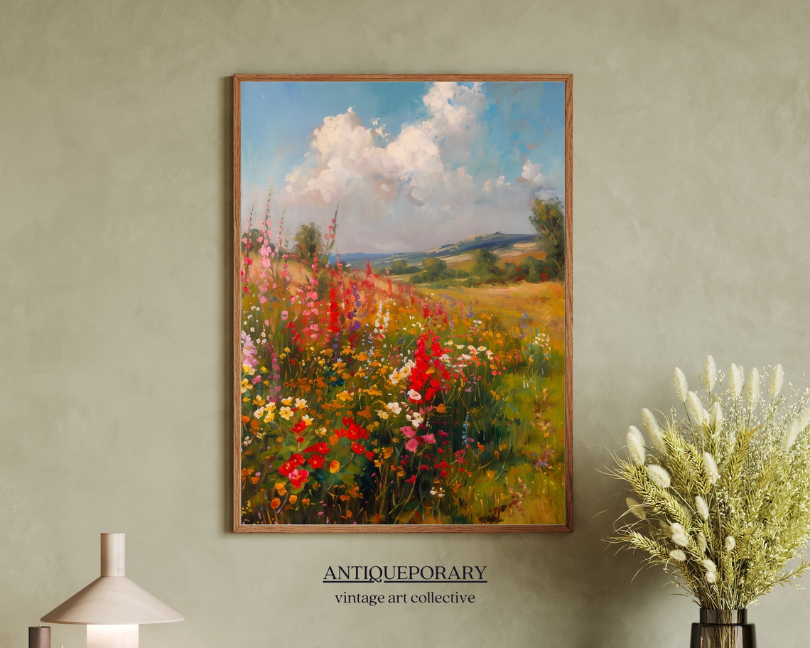 Colorful Wildflower Meadow Rolling Hills Cloudy Sky Painting Poster - Image 7