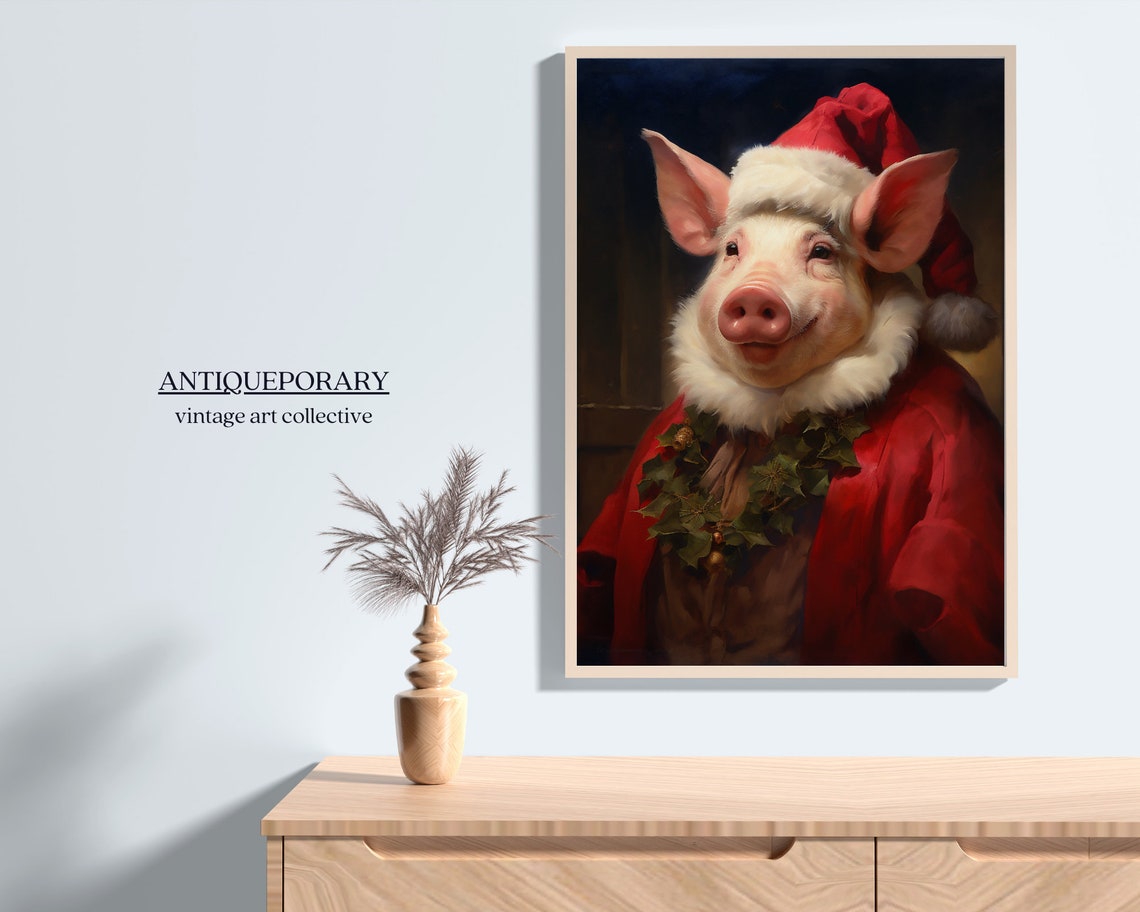 Smiling Pig Dressed as Santa with Holly Christmas Portrait Poster - Image 7
