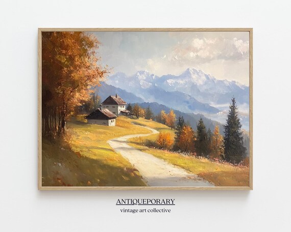 Alpine Farmhouse Hillside Road Snow Peaks Vintage Landscape Poster