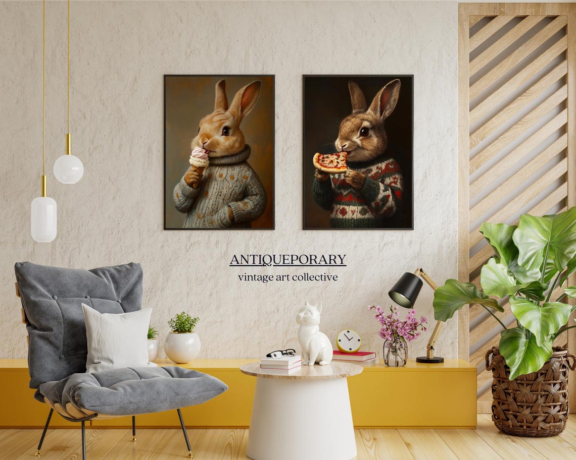 Bunny in a Christmas Sweater Happily Eating Pizza Funny Animal Poster - Image 4