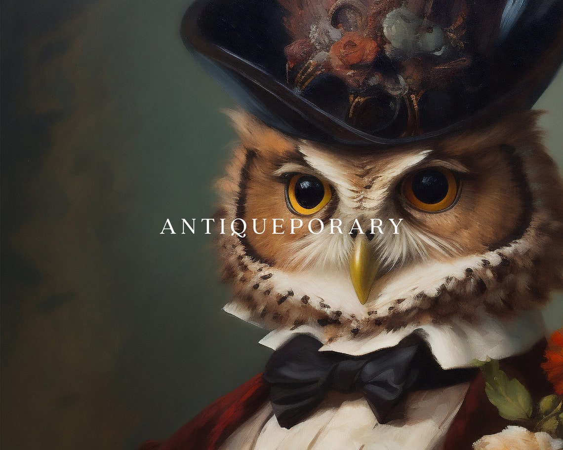 Owl Gentleman in Feathered Top Hat Bow Tie and Red Coat Poster - Image 3