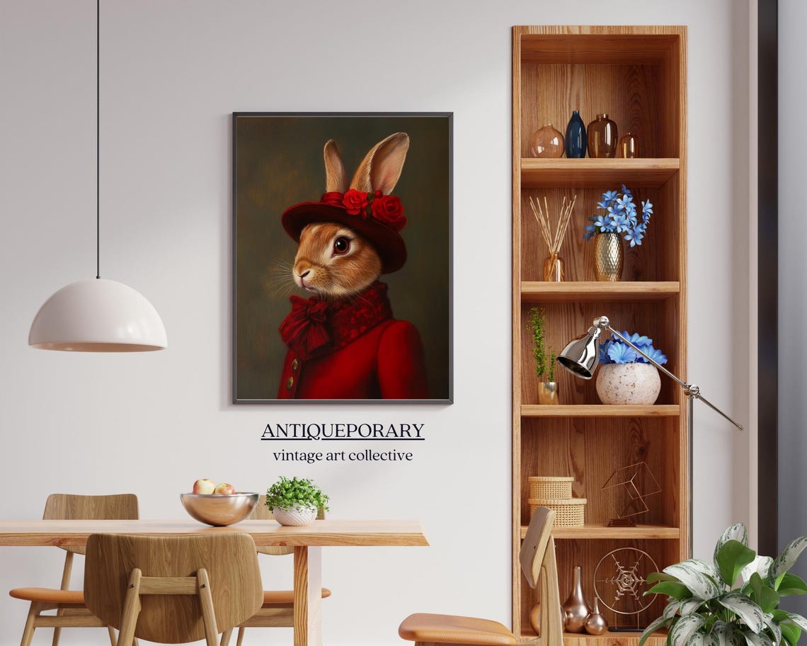Red Dress Rabbit Lady Portrait Rose Hat Victorian Style Poster - Image 7