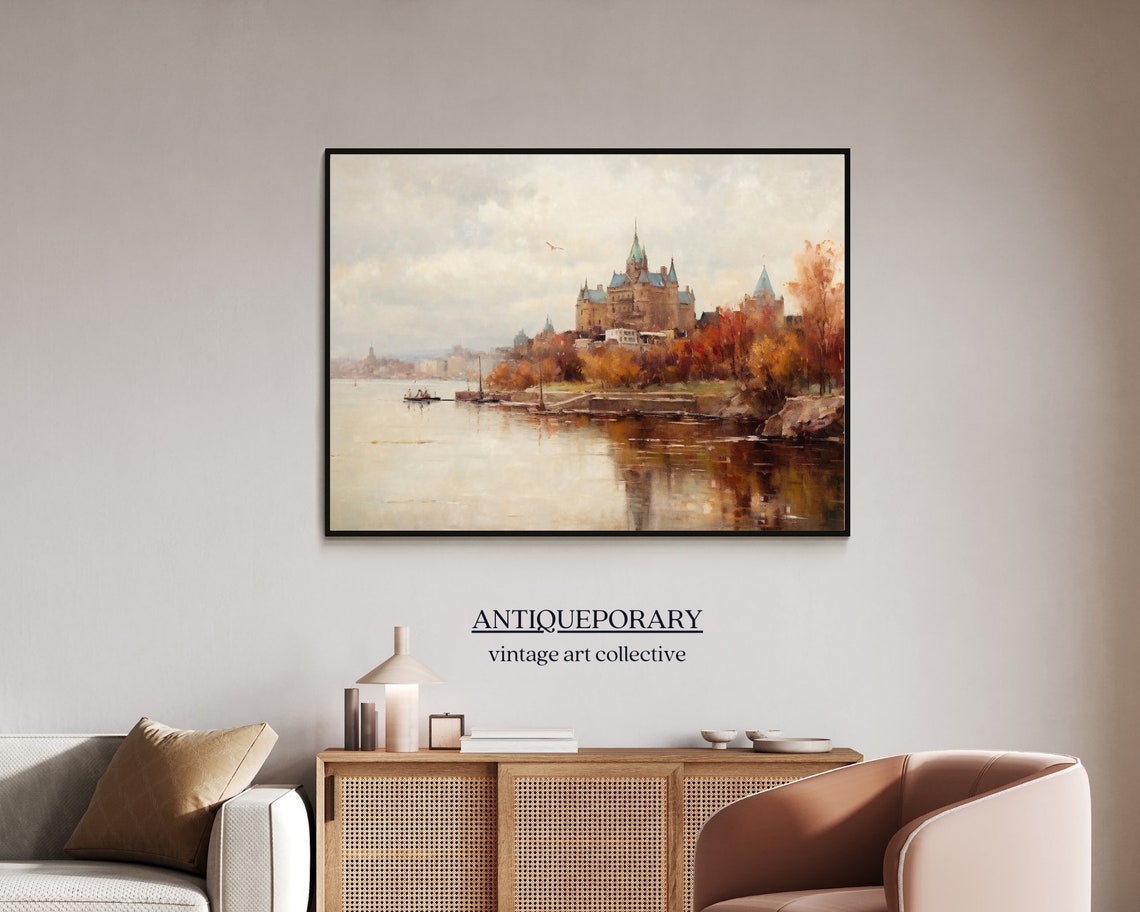 Grand Chateau Riverbank Autumn Foliage Vintage Cityscape Poster - Image 7