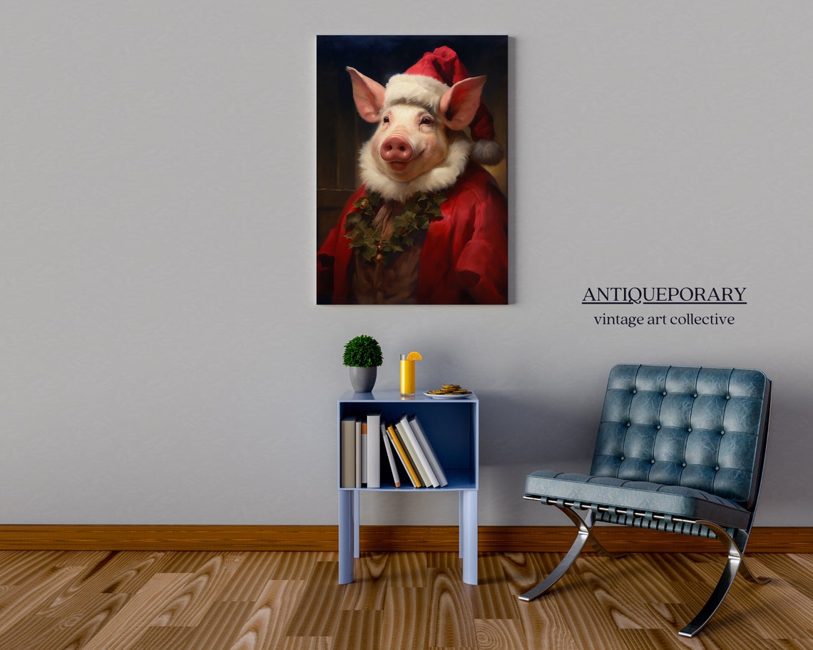 Smiling Pig Dressed as Santa with Holly Christmas Portrait Poster - Image 4